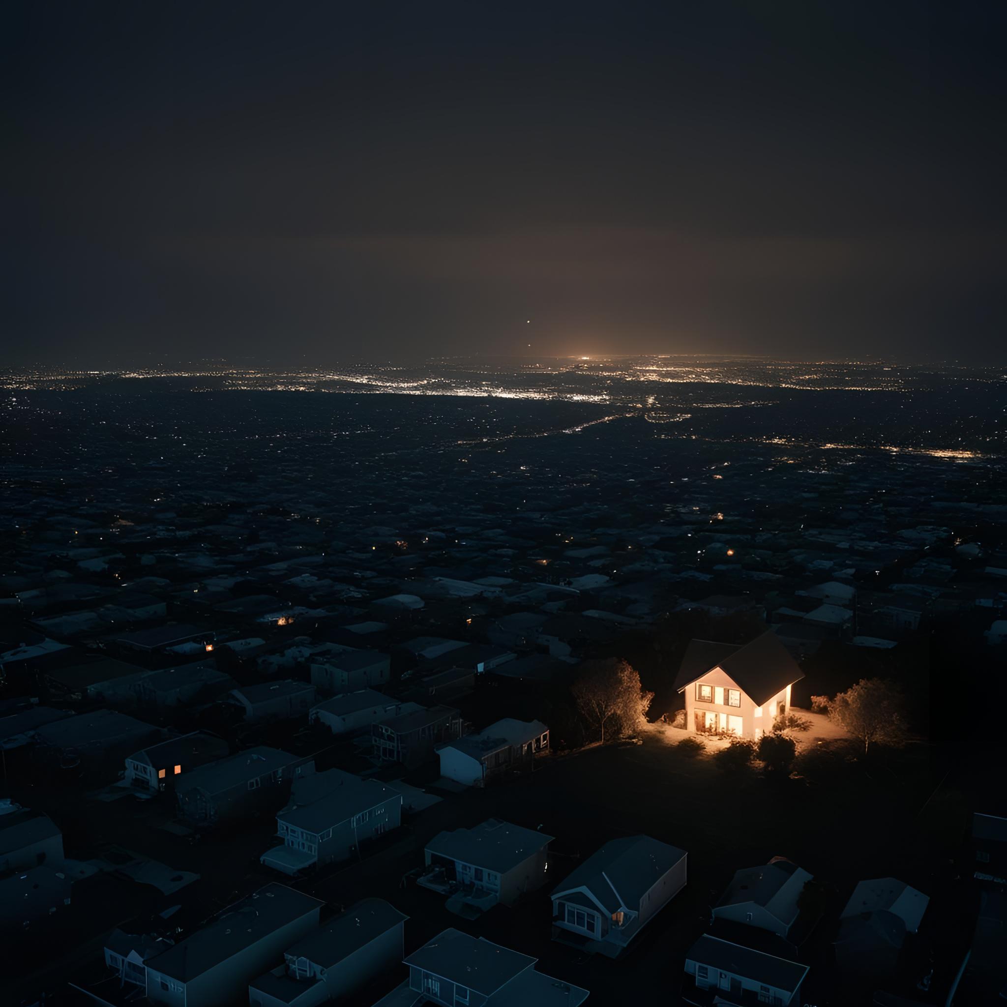 Vista aérea nocturna de una ciudad sin luz, con una sola casa iluminada