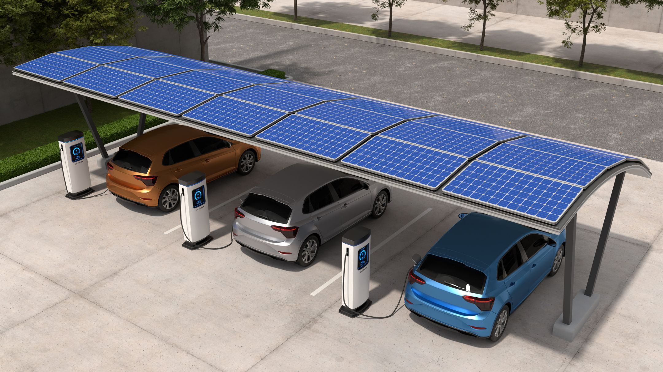 Cochera con techo de paneles solares y autos cargando